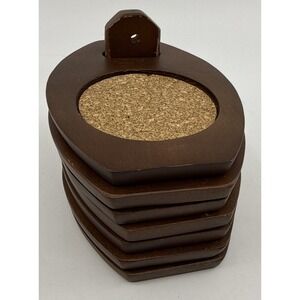 Vintage MCM 6 Coasters Set Teak Wood Cork Mid Century Modern Stacking 5"
